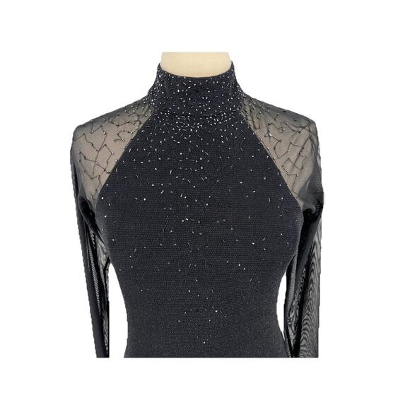 90s Vtg Black Sheer Sleeve Beaded Shimmer Fitted Maxi Dress Goth Whimsigoth 8 - Picture 2 of 15